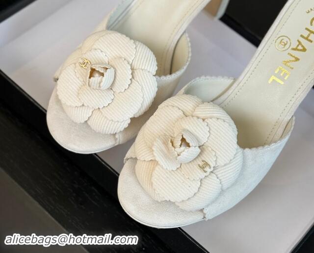 Top Grade Chanel Suede Heel Slides Sandal 8cm with Camellia Bloom White 1121030