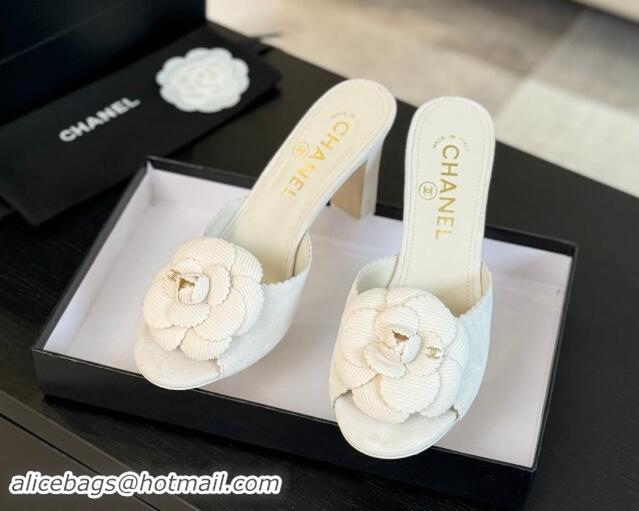 Top Grade Chanel Suede Heel Slides Sandal 8cm with Camellia Bloom White 1121030