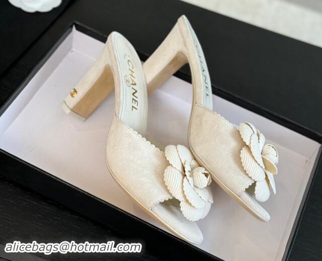 Top Grade Chanel Suede Heel Slides Sandal 8cm with Camellia Bloom White 1121030