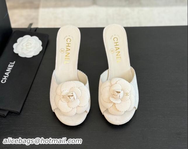 Top Grade Chanel Suede Heel Slides Sandal 8cm with Camellia Bloom White 1121030