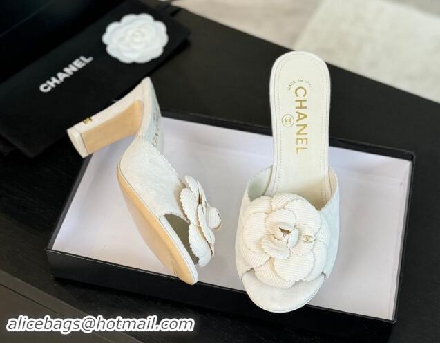 Top Grade Chanel Suede Heel Slides Sandal 8cm with Camellia Bloom White 1121030