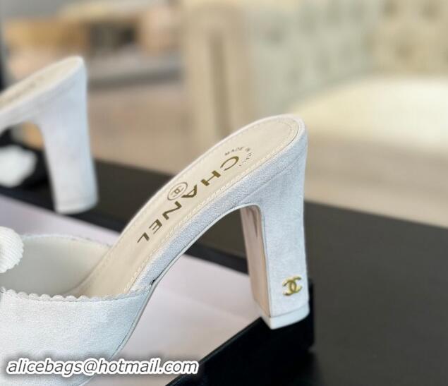 Top Grade Chanel Suede Heel Slides Sandal 8cm with Camellia Bloom White 1121030