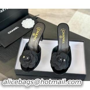 Shop Cheap Chanel Suede Heel Slides Sandal 8cm with Camellia Bloom Black 1121031