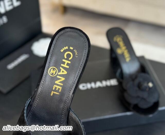 Shop Cheap Chanel Suede Heel Slides Sandal 8cm with Camellia Bloom Black 1121031