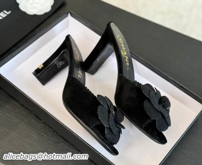 Shop Cheap Chanel Suede Heel Slides Sandal 8cm with Camellia Bloom Black 1121031