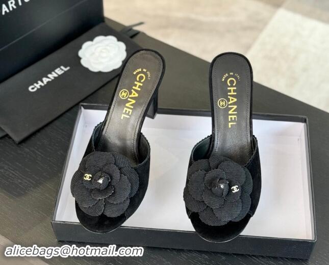 Shop Cheap Chanel Suede Heel Slides Sandal 8cm with Camellia Bloom Black 1121031