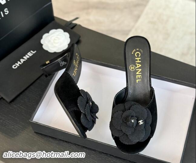 Shop Cheap Chanel Suede Heel Slides Sandal 8cm with Camellia Bloom Black 1121031