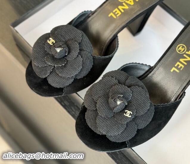 Shop Cheap Chanel Suede Heel Slides Sandal 8cm with Camellia Bloom Black 1121031