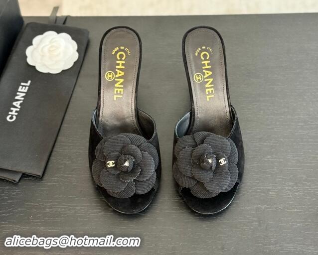 Shop Cheap Chanel Suede Heel Slides Sandal 8cm with Camellia Bloom Black 1121031