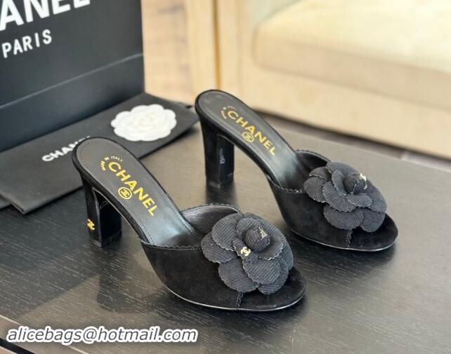 Shop Cheap Chanel Suede Heel Slides Sandal 8cm with Camellia Bloom Black 1121031