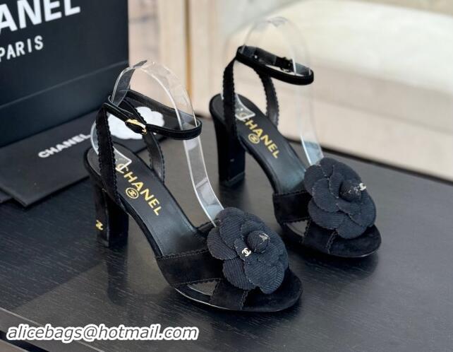 Most Popular Chanel Suede Heel Sandals 8cm with Camellia Bloom Black 1121032