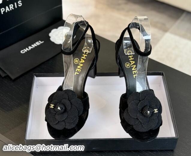 Most Popular Chanel Suede Heel Sandals 8cm with Camellia Bloom Black 1121032