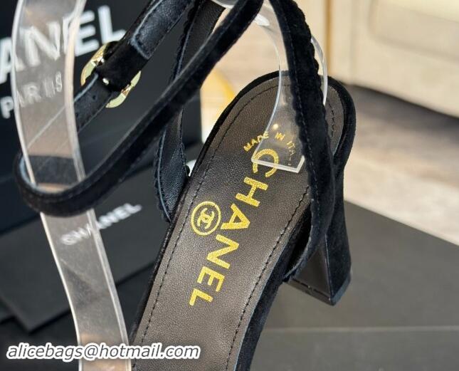 Most Popular Chanel Suede Heel Sandals 8cm with Camellia Bloom Black 1121032