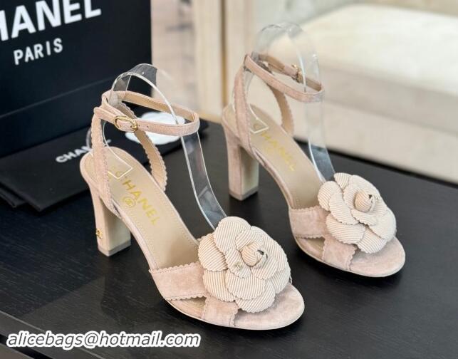 Shop Duplicate Chanel Suede Heel Sandals 8cm with Camellia Bloom Beige 1121033