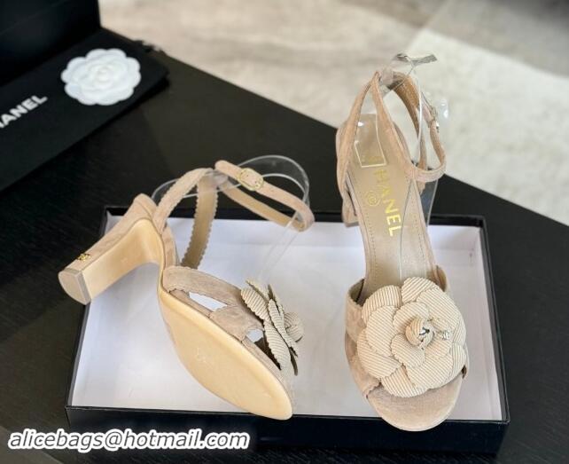 Shop Duplicate Chanel Suede Heel Sandals 8cm with Camellia Bloom Beige 1121033