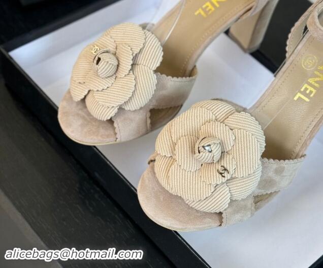 Shop Duplicate Chanel Suede Heel Sandals 8cm with Camellia Bloom Beige 1121033