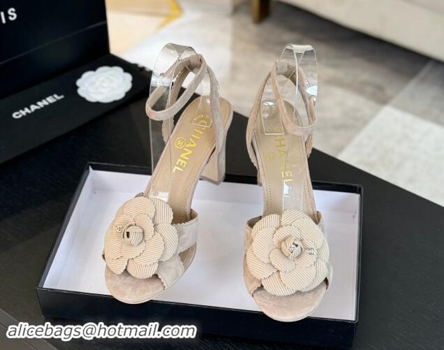 Shop Duplicate Chanel Suede Heel Sandals 8cm with Camellia Bloom Beige 1121033