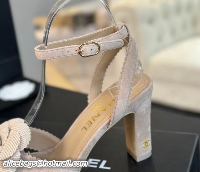 Shop Duplicate Chanel Suede Heel Sandals 8cm with Camellia Bloom Beige 1121033