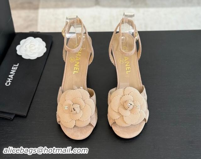 Shop Duplicate Chanel Suede Heel Sandals 8cm with Camellia Bloom Beige 1121033