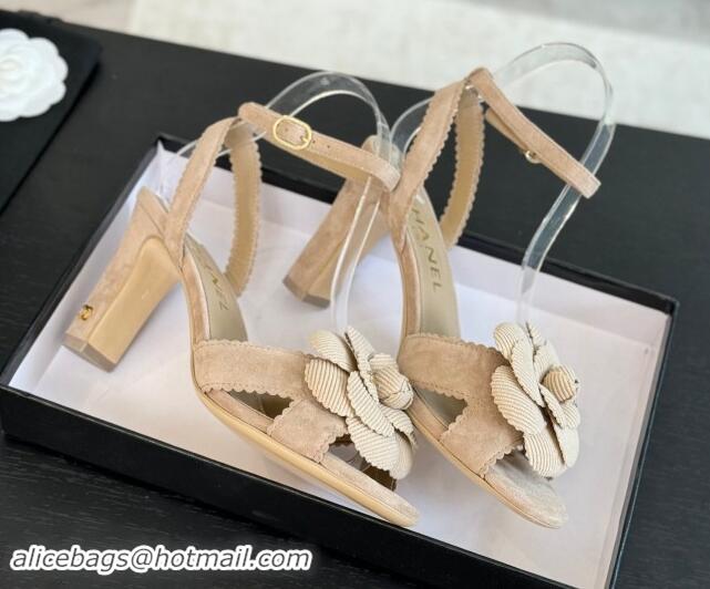 Shop Duplicate Chanel Suede Heel Sandals 8cm with Camellia Bloom Beige 1121033