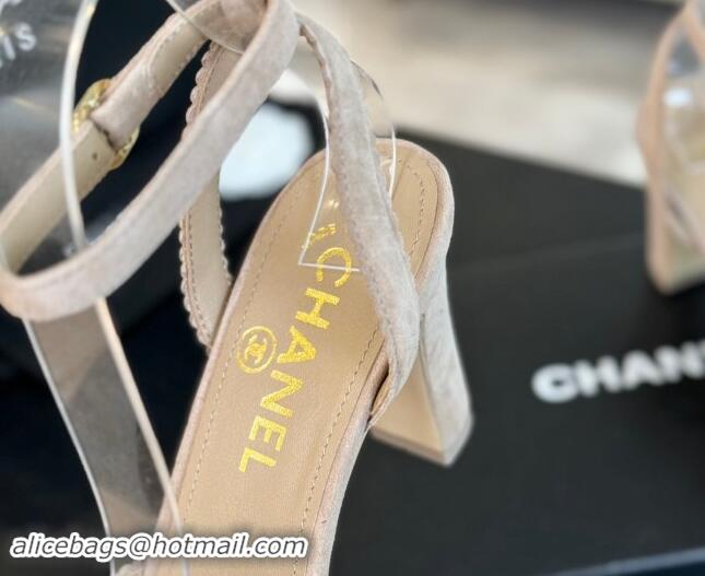 Shop Duplicate Chanel Suede Heel Sandals 8cm with Camellia Bloom Beige 1121033