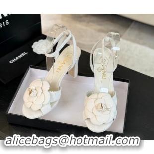 Best Price Chanel Suede Heel Sandals 8cm with Camellia Bloom White 1121034