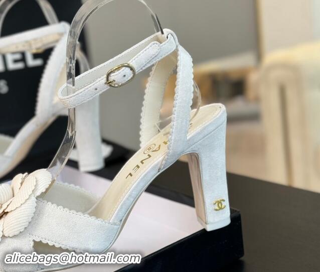 Best Price Chanel Suede Heel Sandals 8cm with Camellia Bloom White 1121034