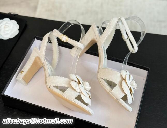 Best Price Chanel Suede Heel Sandals 8cm with Camellia Bloom White 1121034