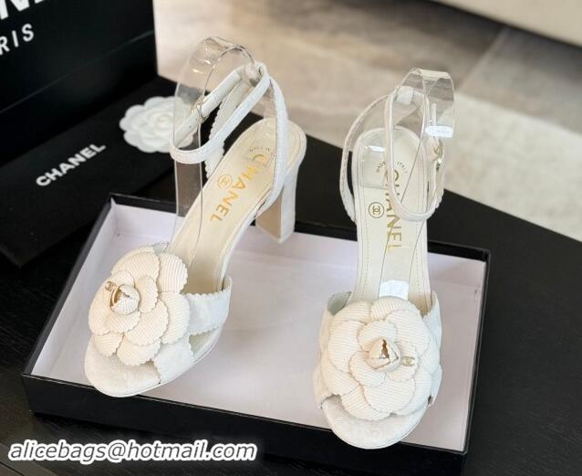 Best Price Chanel Suede Heel Sandals 8cm with Camellia Bloom White 1121034