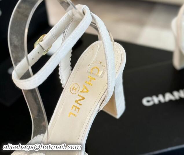 Best Price Chanel Suede Heel Sandals 8cm with Camellia Bloom White 1121034