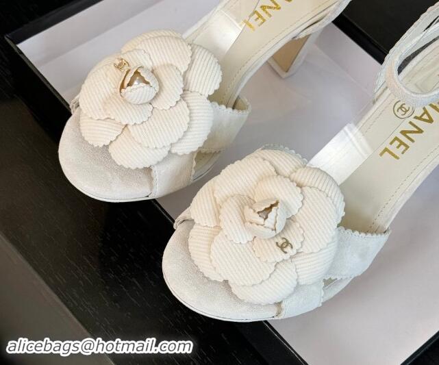 Best Price Chanel Suede Heel Sandals 8cm with Camellia Bloom White 1121034