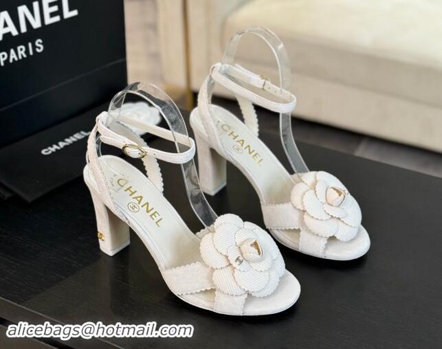 Best Price Chanel Suede Heel Sandals 8cm with Camellia Bloom White 1121034