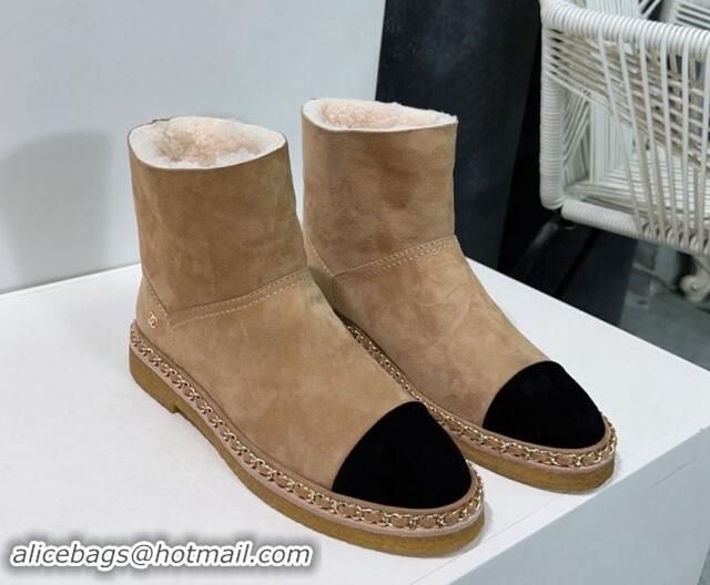 Luxury Discount Chanel Suede Snow Boots with Chain Beige 1121035