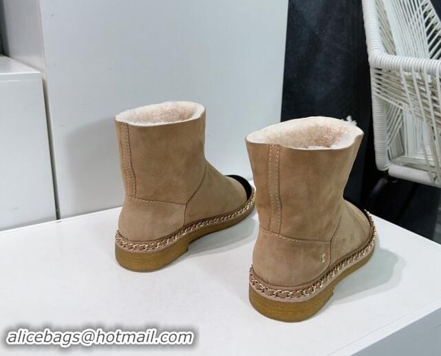 Luxury Discount Chanel Suede Snow Boots with Chain Beige 1121035