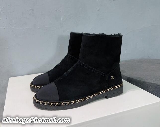 Luxury Cheap Chanel Suede Snow Boots with Chain Black 1121036