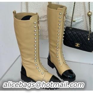 Cheap Price Chanel Calfskin High Boots 4.5cm with Pearls and Zip Beige 1121038