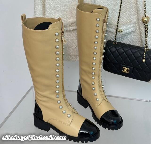 Cheap Price Chanel Calfskin High Boots 4.5cm with Pearls and Zip Beige 1121038