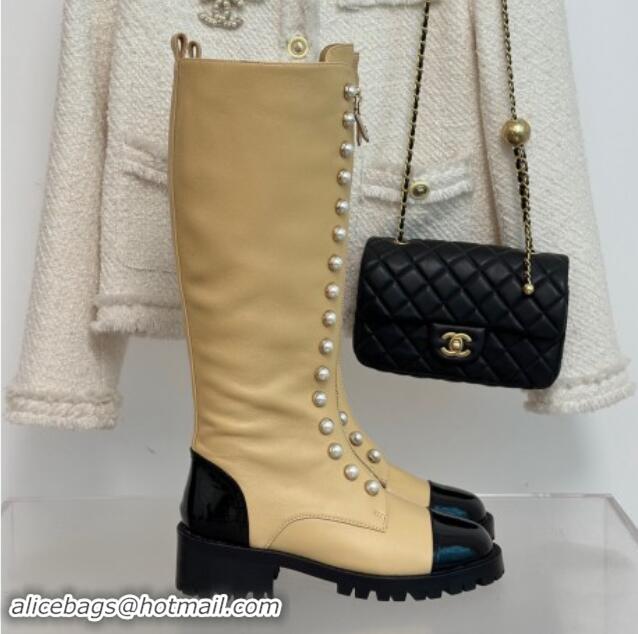 Cheap Price Chanel Calfskin High Boots 4.5cm with Pearls and Zip Beige 1121038