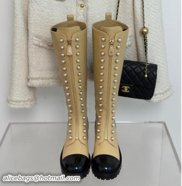 Cheap Price Chanel Calfskin High Boots 4.5cm with Pearls and Zip Beige 1121038