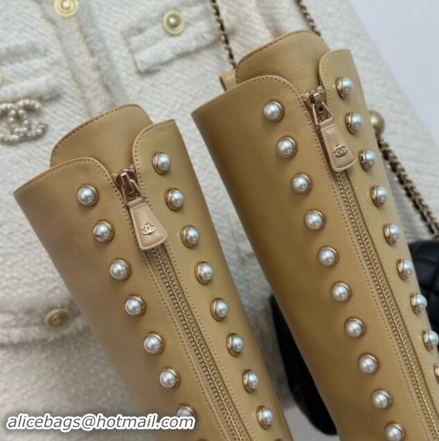 Cheap Price Chanel Calfskin High Boots 4.5cm with Pearls and Zip Beige 1121038