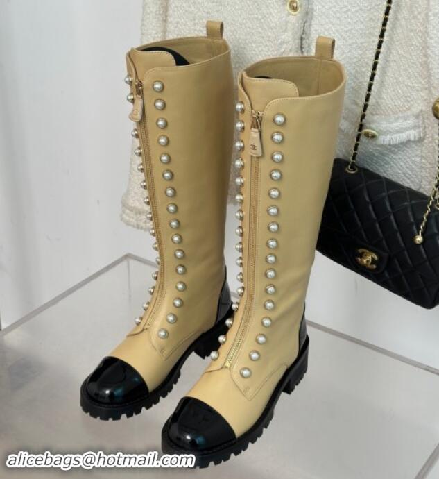 Cheap Price Chanel Calfskin High Boots 4.5cm with Pearls and Zip Beige 1121038