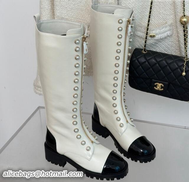 Top Design Chanel Calfskin High Boots 4.5cm with Pearls and Zip White 1121039