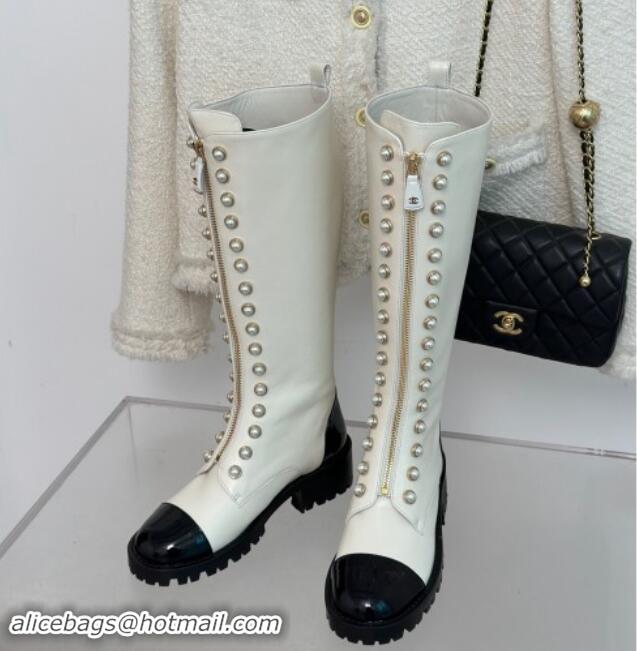 Top Design Chanel Calfskin High Boots 4.5cm with Pearls and Zip White 1121039