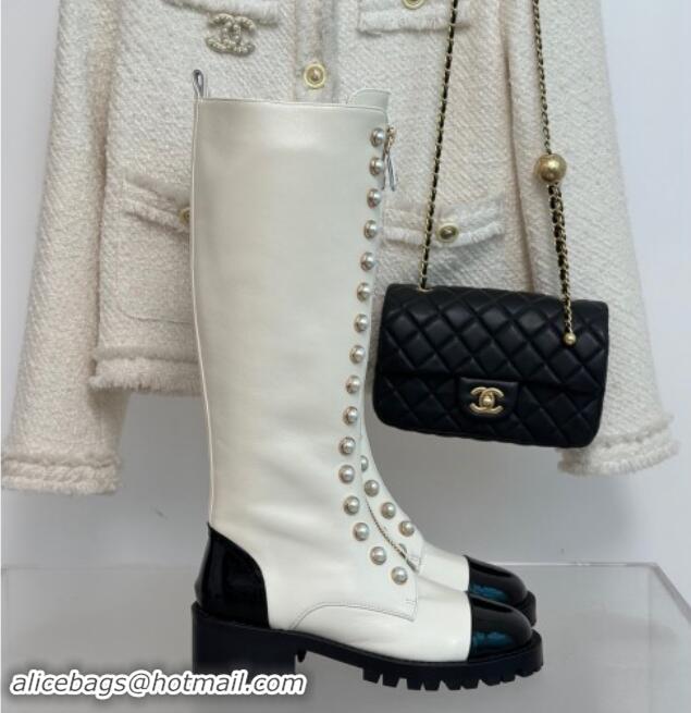 Top Design Chanel Calfskin High Boots 4.5cm with Pearls and Zip White 1121039