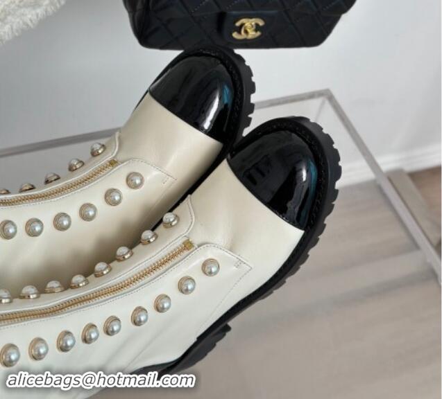 Top Design Chanel Calfskin High Boots 4.5cm with Pearls and Zip White 1121039