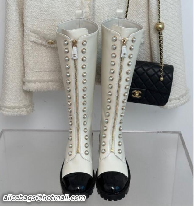 Top Design Chanel Calfskin High Boots 4.5cm with Pearls and Zip White 1121039