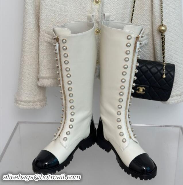 Top Design Chanel Calfskin High Boots 4.5cm with Pearls and Zip White 1121039