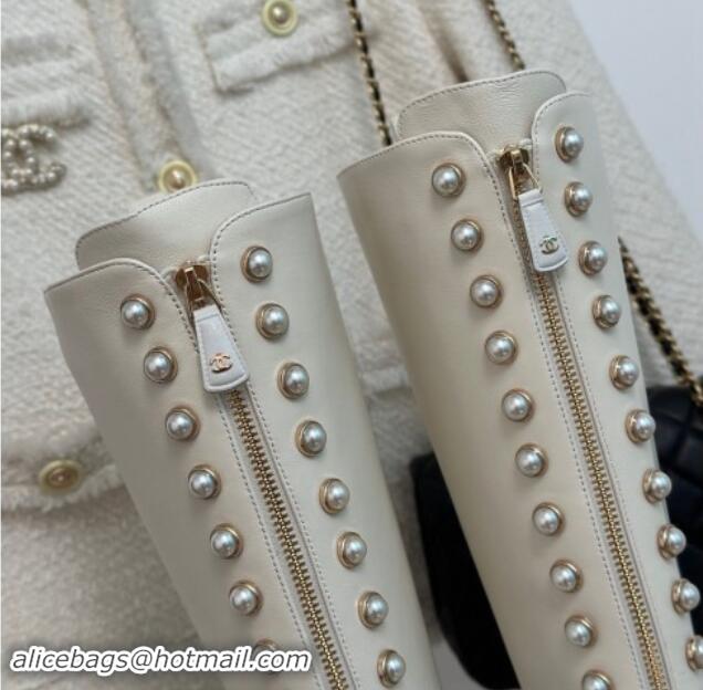 Top Design Chanel Calfskin High Boots 4.5cm with Pearls and Zip White 1121039