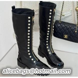 Good Product Chanel Calfskin High Boots 4.5cm with Pearls and Zip Black 1121040