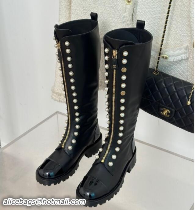 Good Product Chanel Calfskin High Boots 4.5cm with Pearls and Zip Black 1121040